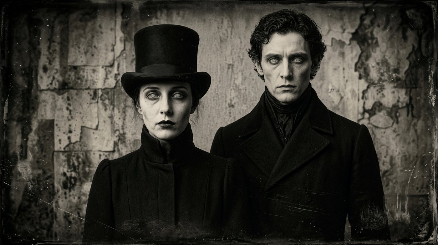 A stylised gothic Victorian portrait evoking the House of Kaos aesthetic