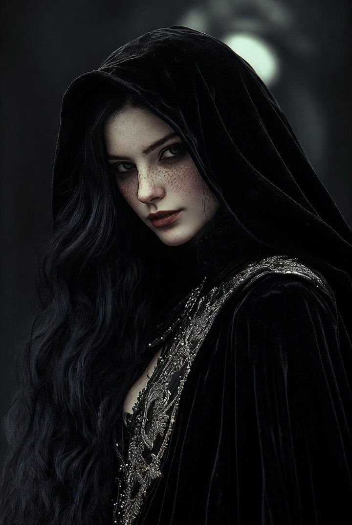 Vespera, Keeper of the House of Kaos: long black hair, pale freckled skin and a black velvet hooded cloak embroidered in silver