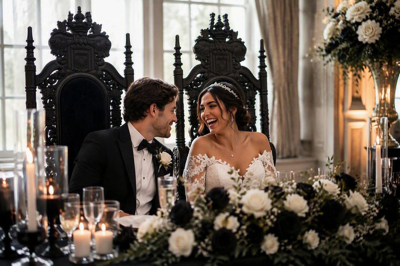 A laughing couple seated on black carved thrones at a candlelit top table of black and ivory roses