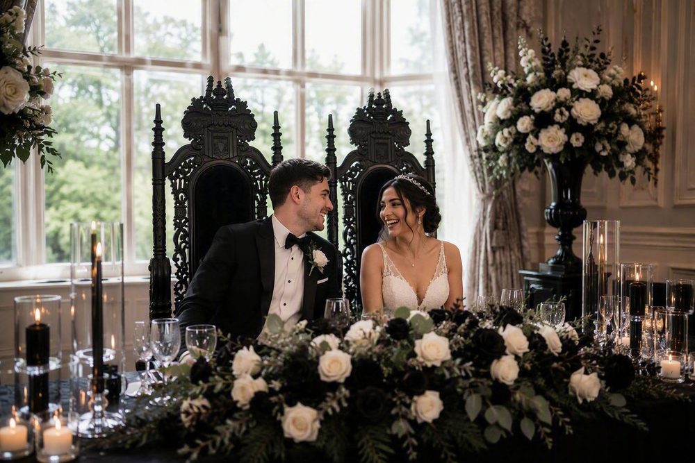A bride and groom laughing together on thrones beside a tall window, with black and white floral arrangements and candles