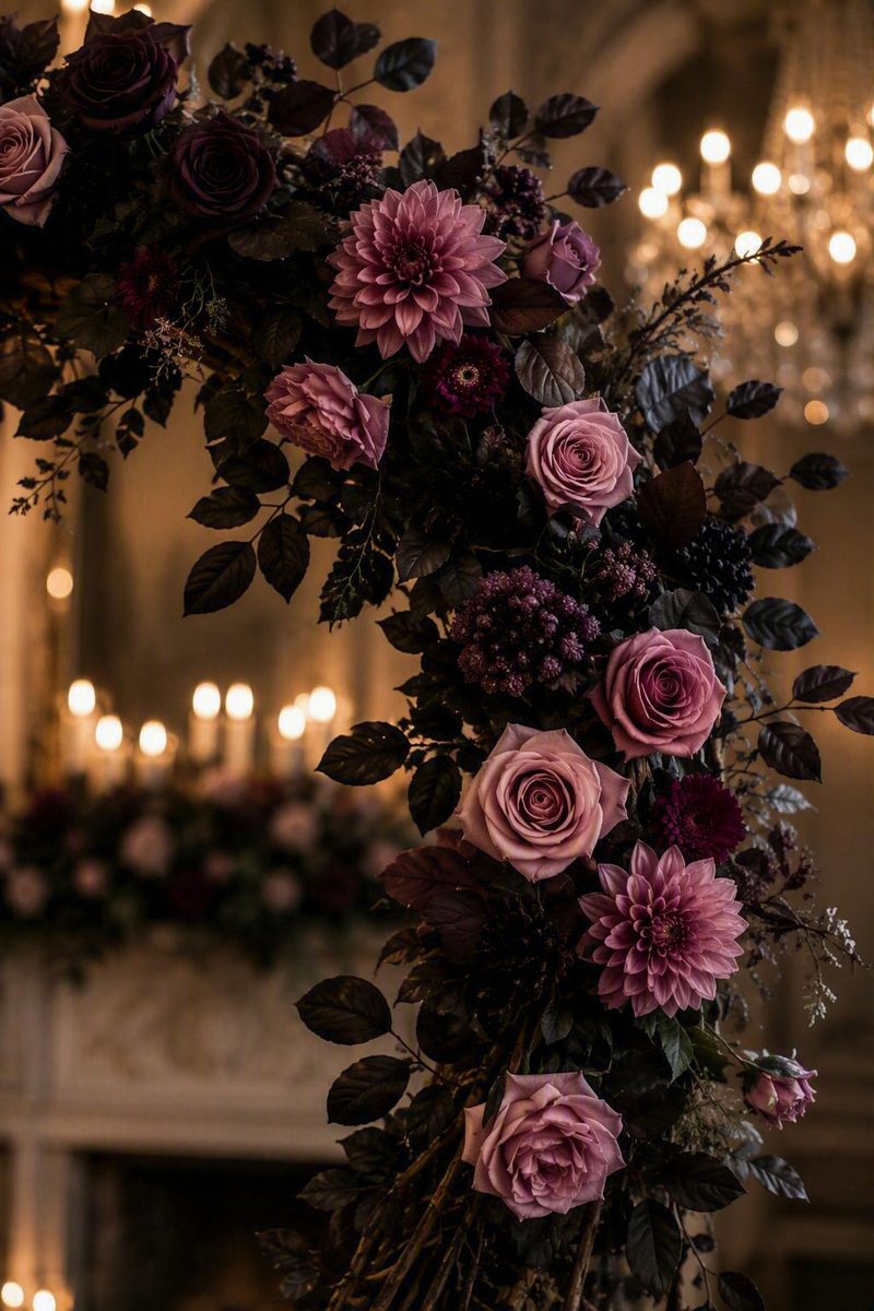 A Dark Romance floral arch of dusty pink roses, dahlias and plum blooms with dark foliage in a candlelit room