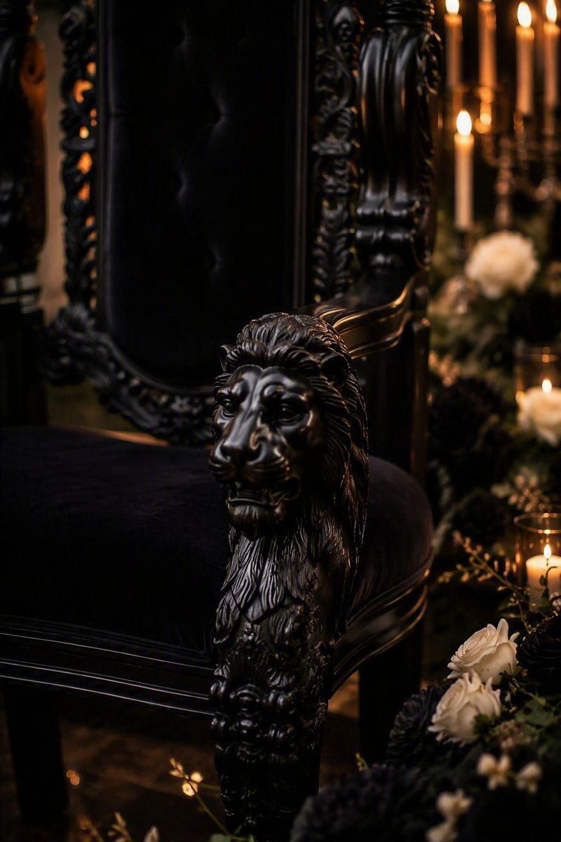 Close-up of a black carved lion-head arm on a velvet throne chair, with candles and ivory roses behind