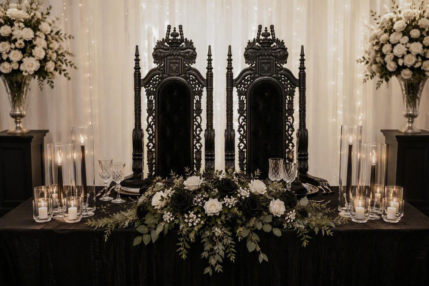 A pair of ornate black carved throne chairs behind a black velvet top table dressed with ivory and black roses, taper candles and crystal glasses